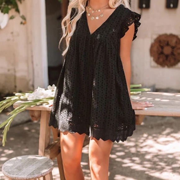 Mustard Seed. Black Eyelet Babydoll Romper. Dress built in Shorts and Pockets! - Picture 2 of 6